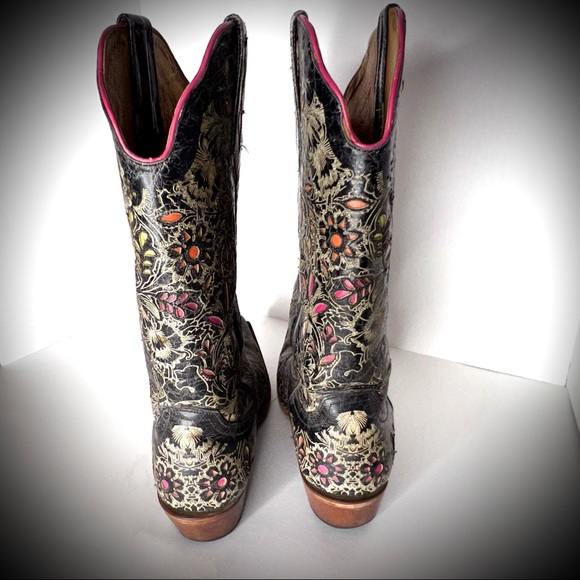 Johnny Ringo Cowboy Boots Genuine Leather Floral Overlay Black Pink Lime Yellow - Picture 4 of 12